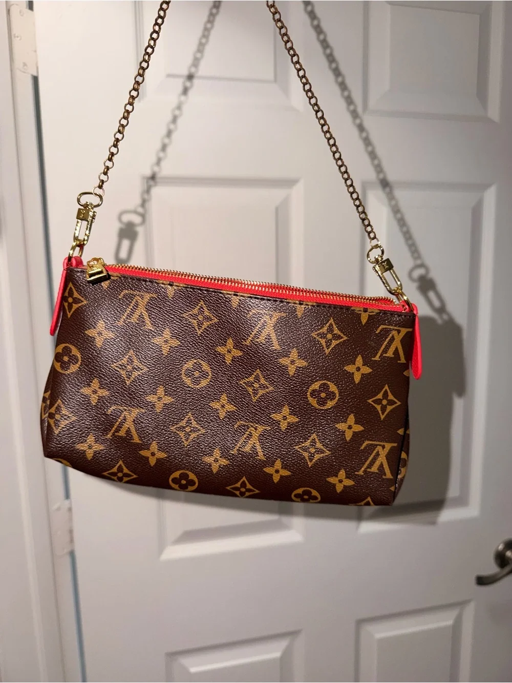 Louis Vuitton Monogram Canvas Crossbody with Bright Red Trim and Gold Chain